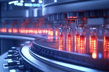 Automated Pharmaceutical Production Line with Glass Vials and Advanced Robotics in a High-Tech Manufacturing Facility