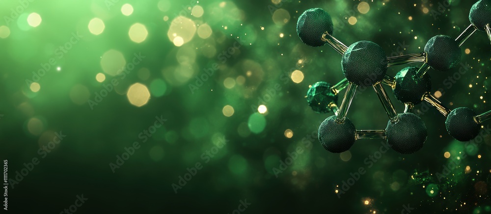 Wall mural abstract green molecular structure with bokeh background illustrating scientific and technological c
