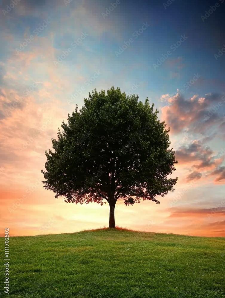 Poster a solitary tree stands tall in an expansive field, illuminated by a colorful sunset that paints the 