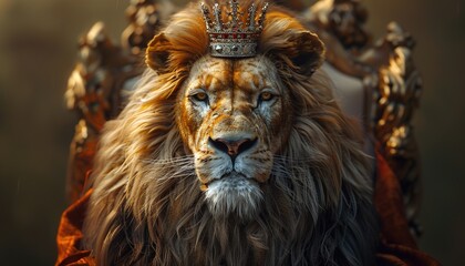 Fototapeta premium The Royal King graceful lion with luxury dress costume. Close up Portrait King lion with throne 