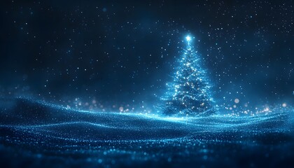 Naklejka premium Christmas tree with glowing lights on a dark blue background, starry sky, blurred snow, and a bokeh effect This could be a Christmas card or banner template for a New Year's party,