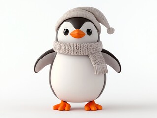 Adorable 3D Cartoon Christmas Penguin in Knitted Scarf and Hat Standing Proudly | Festive Holiday Bird Character Render | Isolated White Background with Ultra-Detailed Features