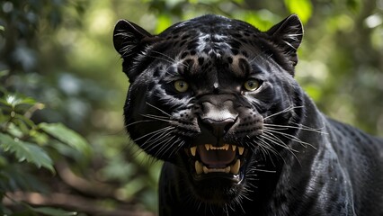 A high-definition close-up of a black panther snarling, its glossy black fur reflecting subtle light, sharp fangs exposed, and its face framed by the texture of nearby foliage --ar 3:2 --