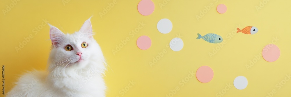 Poster A fluffy white cat looks curiously at colorful fish flying in circles around its head, set against a cheerful yellow backdrop with empty space. Generative AI