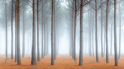 Fototapeta premium A Foggy Forest Path Lined with Tall Pine Trees