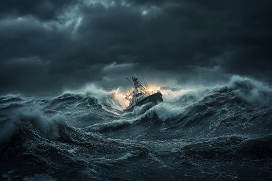 A fishing trawler navigating through rough seas, symbolizing the challenges of oceanic exploration and fishing. The boat is surrounded by large waves with dark storm clouds overhead. 
