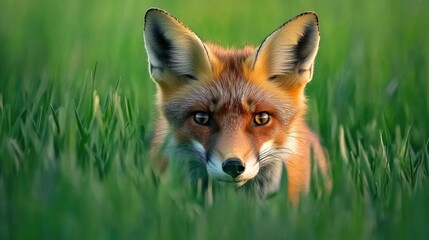 Obraz premium Close-Up of a Red Fox Peering Through Lush Green Grass in a Natural Habitat During Daylight