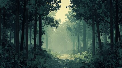 Obraz premium A Foggy Path Through a Dense Forest
