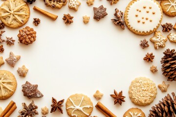 Fototapeta premium A colorful collection of various sweets and cookies arranged beautifully with a blank area for personalized text or messages. Generative AI