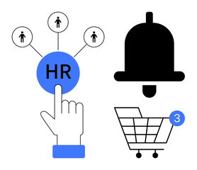Hand pointing to HR icon with connected users, bell notification, shopping cart with indicator. Ideal for HR, online shopping, notifications, user interaction, digital marketing, e-commerce team