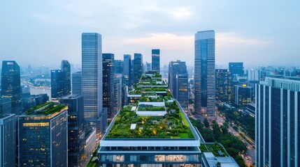 Obraz premium Modern skyscrapers with green rooftops in a city skyline during twilight.