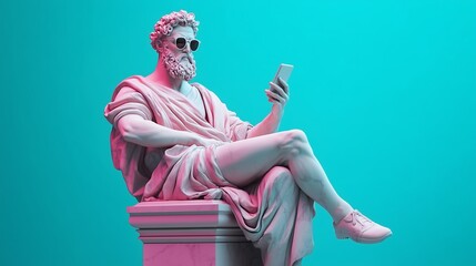 A pink and white marble statue of a handsome, bearded man sitting on top of an elegant pedestal. He is wearing sunglasses and looking at his phone, holding it in one hand.