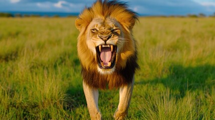 Majestic Lion Roaring in the African Savannah Captured in Stunning Detail with Vibrant Colors and...