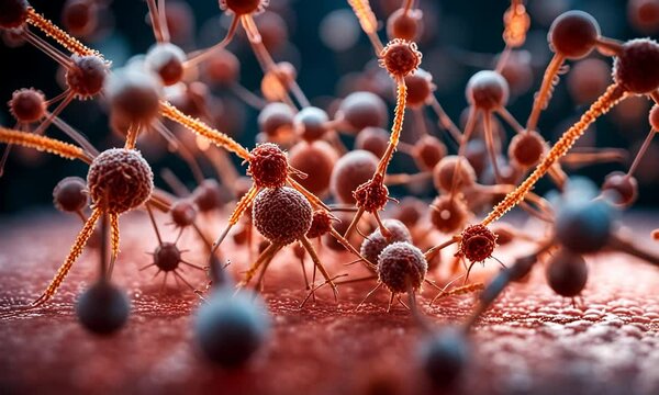 Coronavirus microorganism close-up under electron microscope