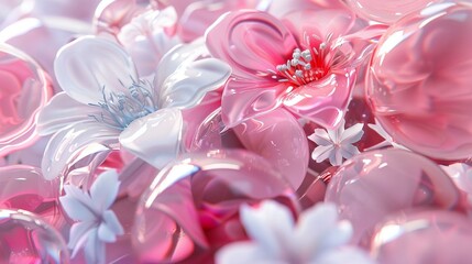 Obraz premium A beautiful 3D render of pink and white glass flowers with smooth, glossy textures and subtle shading