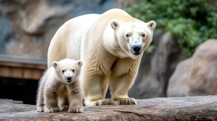 Fototapeta premium Majestic Polar Bear and Cub Standing on Rock in Natural Habitat with Lush Greenery