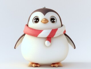 Fototapeta premium Cheerful Christmas Penguin - Cute 3D Render in Red and White Scarf for Festive Season Delight | Ultra-Detailed Illustration