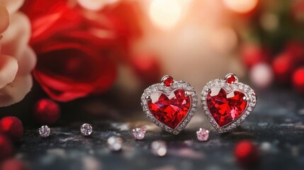 Elegant Heart Shaped Red Earrings with Sparkling Gemstones and Roses