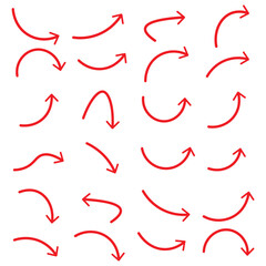 Set of vector curved arrows hand drawn. Sketch doodle style. Collection of pointers. Curved arrows set for business plan, presentation and education. Sign, Symbol, Hand drawn arrow collection
