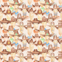 Cowboy faces: Western watercolor portraits in a cartoon style. A seamless pattern - playful cowboy faces, featuring classic hats and unique expressions that capture the spirit of Americana.