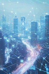 Fototapeta premium A futuristic cityscape with skyscrapers and digital lines of data flowing through them, representing the integration of AI technology in urban life