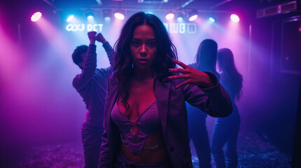 Obraz premium Confident young woman in stylish outfit posing in a vibrant nightclub with neon lights and dancers in the background, exuding charisma and energy