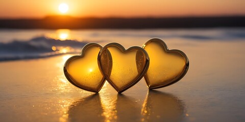Fototapeta premium Golden_hearts_on_shiny_surface_at_sunset_symboli 