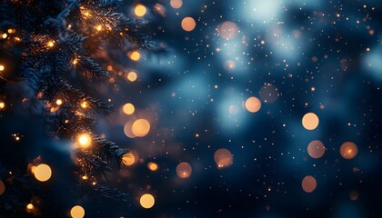 Obraz premium Christmas tree with glowing lights on a dark blue background, starry sky, blurred snow, and a bokeh effect This could be a Christmas card or banner template for a New Year's party,