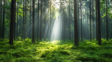 Obraz premium Sunbeams illuminating a misty green forest