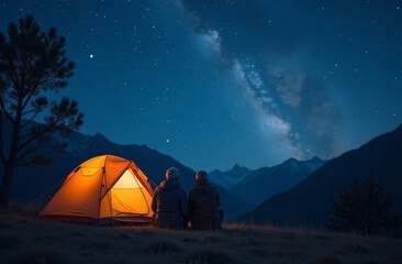 senior couple enjoys a peaceful night camping under a star-filled sky in the mountains.  Their tent glows warmly against the dark landscape.  for travel, adventure, and retirement-themed content.