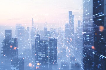 Obraz premium A futuristic cityscape with skyscrapers and digital lines of data flowing through them, representing the integration of AI technology in urban life