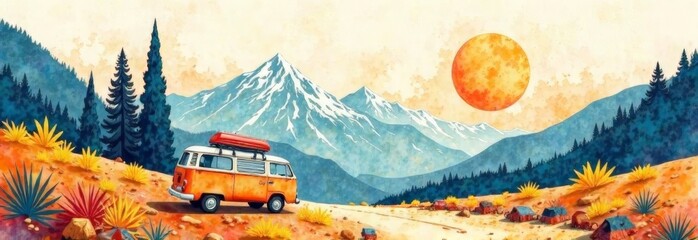 vintage camper van on a mountain road with a large moon rising over colorful stylized mountains. Retro watercolor illustration. for travel blogs, posters, or advertisements related to road trips