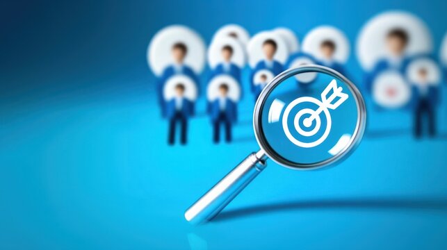 Magnifying glass zooms in on target icon on blue, symbolizing AI recruitment, hiring automation and AI driven precision in hiring processes
