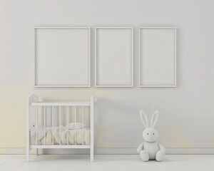 Minimalist nursery interior with a crib. a plush toy bunny. and three empty picture frames
