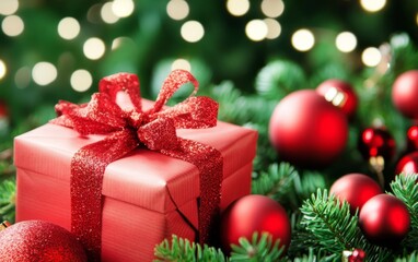Red Christmas gift on green background, lots of white space 