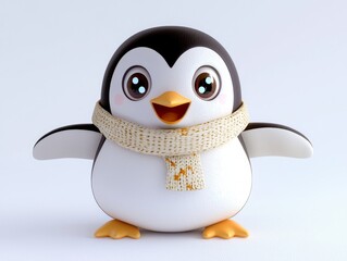 Fototapeta premium Cheerful Christmas Penguin Sliding Down Snowy Hill - 3D Cartoonish Render with Bright Eyes and Scarf on White Background