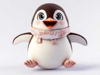 Fototapeta premium Whimsical Christmas Penguin Sliding Down Snowy Hill with Joyful Expression in 3D Render - Ultra-Detailed Cartoon Character on Isolated White Background