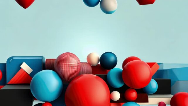 Vibrant geometric abstract with spheres and stripes on a blue background