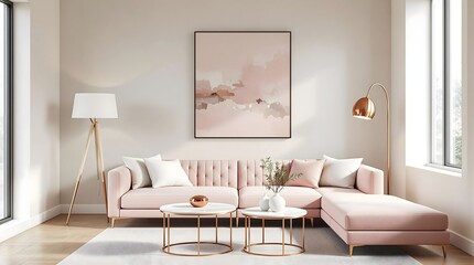 Modern Living Room with Blush Sofa and Copper Accents (Interior Design)