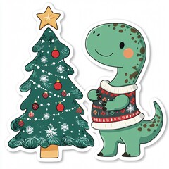 Cute Dinosaur Celebrating Christmas with Decorated Christmas Tree