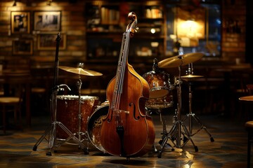 Fototapeta premium Bass, drums, and cymbals in dimly lit room.