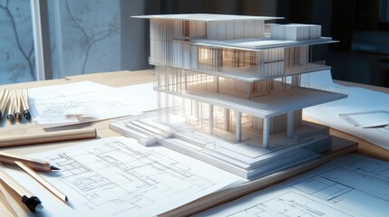 Architectural Model on Blueprint Plans for Modern Design