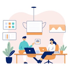 Fototapeta premium Concept illustrations of remote work, showcasing its benefits, limitations, and workflow organization. A series of scenes featuring individuals optimizing and managing their work processes.