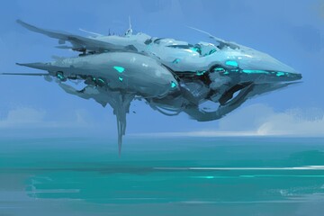 Obraz premium Futuristic Spaceship Soars Above Ocean, Sci-Fi Artwork, Digital Painting, Concept Art, Abstract, Fantasy, Illustration, Design, Graphic, 