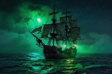 A ghostly pirate ship with tattered sails and glowing green lights drifting through a foggy, moonlit sea.