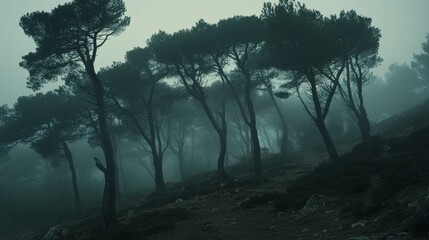 Obraz premium A Mysterious Foggy Forest Path in the Mist