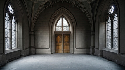 Empty Dark Room in Gothic Style with Large Windows - Eerie Atmosphere, Gothic Architecture, Atmospheric Interior, Grand Design, Dark Elegance, Mysterious Space, Historic Interior, Abandoned Roo