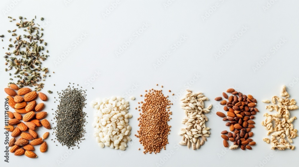 Aufkleber organic seeds, nuts, and herbs are arranged neatly on a white surface, providing ample room for addi