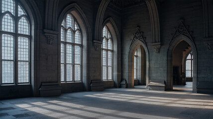Fototapeta premium Empty Dark Room in Gothic Style with Large Windows - Eerie Atmosphere, Gothic Architecture, Atmospheric Interior, Grand Design, Dark Elegance, Mysterious Space, Historic Interior, Abandoned Roo