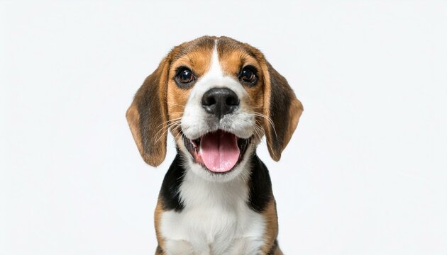 Happy excited beagle puppy on isolated white background.